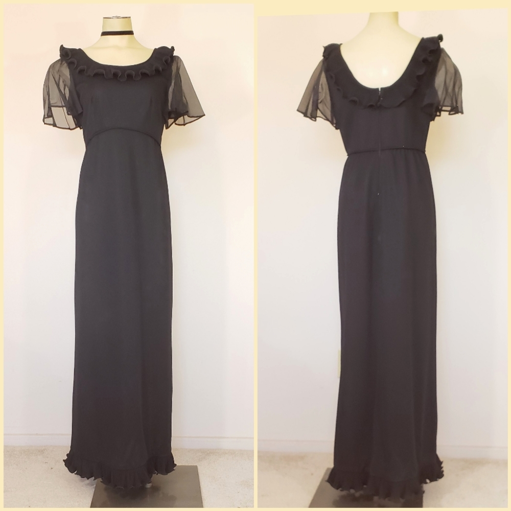 VTG Black Sheer Sleeve Empire Waist Maxi Dress
